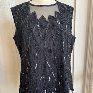 Vintage Stenay Plus Black Silk Beaded Sleeveless Evening Top Size 2X